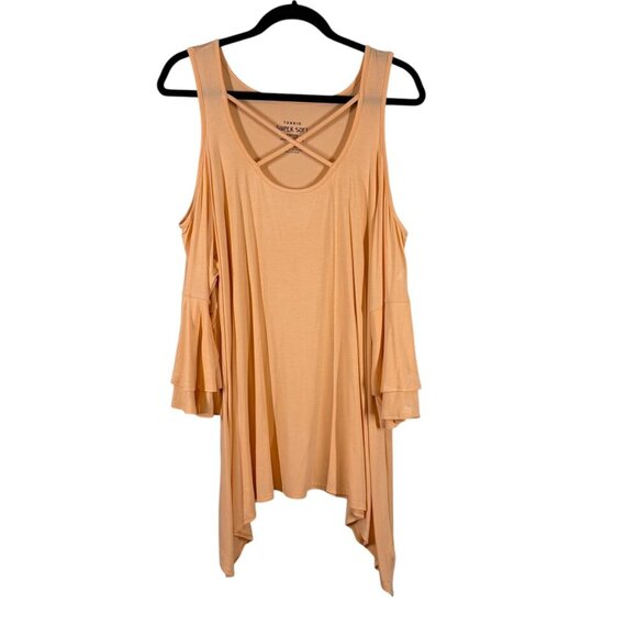 Torrid Peach Cold Shoulder Bell Sleeve Shirt Blouse Women's Plus Size 2X NEW - Picture 1 of 7